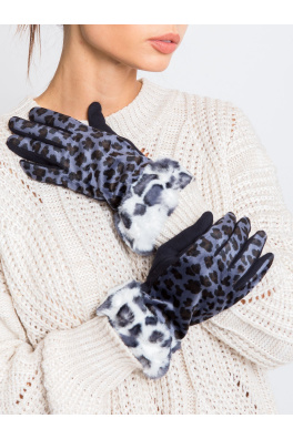 Granatowe bawełniano-zamszowe damskie rękawiczki z motywem zwierzęcym