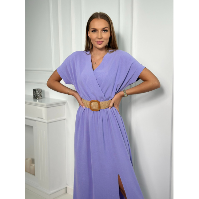 Long dress with a decorative belt purple