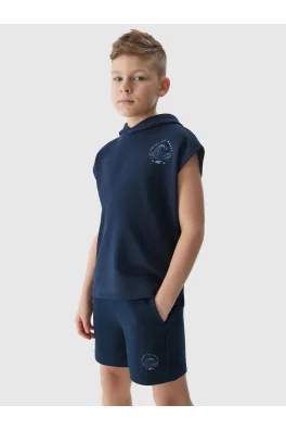 Chlapecká tepláková mikina bez rukávů s kapucí 4F - tmavě modrá