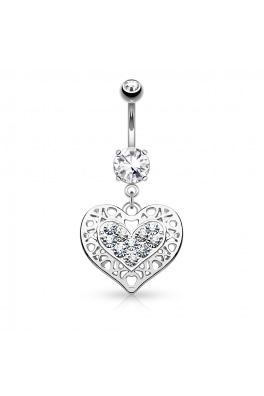 Rhodiovaný piercing do pupíku - heart nad crystal