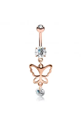 Ocelový piercing pozlacený 14k růžovým zlatem - motýl 