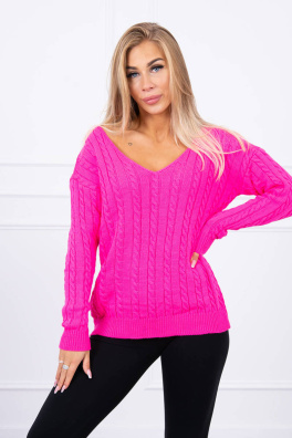 Pleciony sweter z dekoltem w serek różowy neon