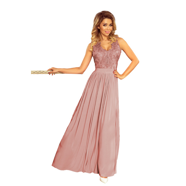 Dlouhé dámské šaty s vyšívaným výstřihem Numoco 215-5 - růžová