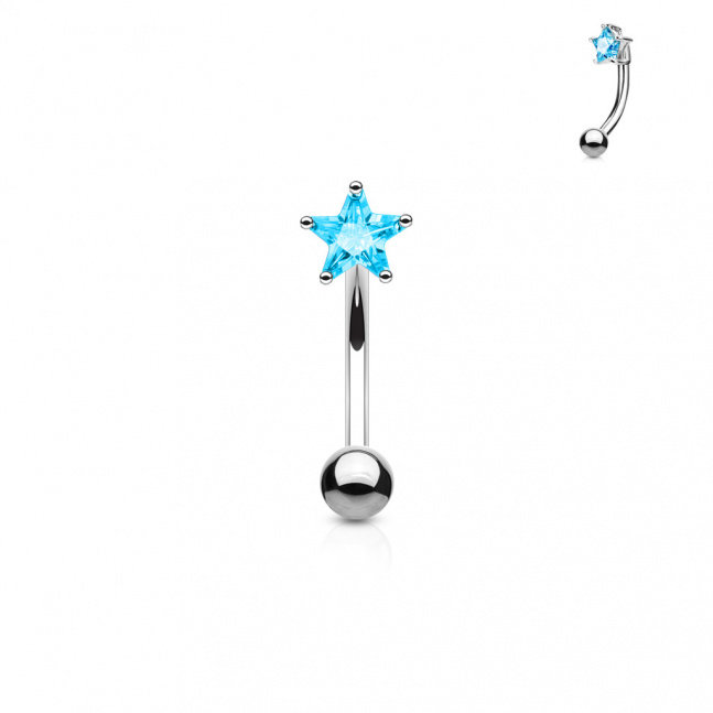 Rhodiovaný piercing do pupíku z chirurgické oceli - modrý zirkon / hvězda