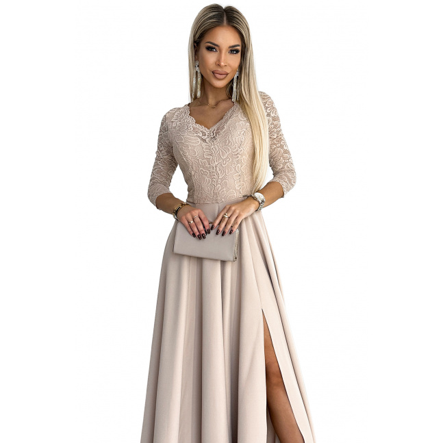 309-10 AMBER koronkowa elegancka długa suknia z dekoltem i rozcięciem na nogę - BEŻOWA