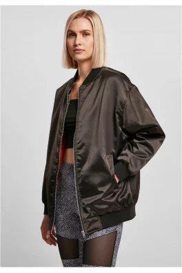 Ladies Oversized Satin Bomber Jacket black