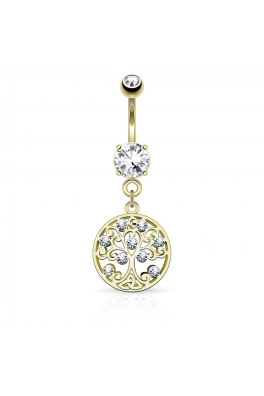 Luxusní piercing do pupíku s pozlaceným povrchem - strom života 