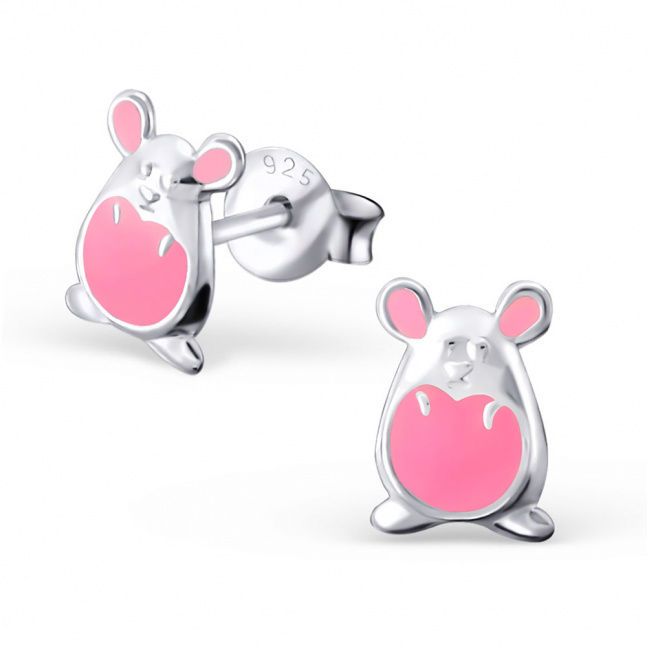 Dětské stříbrné náušnice - růžová myška