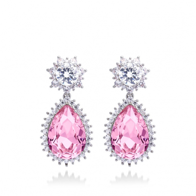 Elegantní stříbrné náušnice - zavěšený krystal, růžový