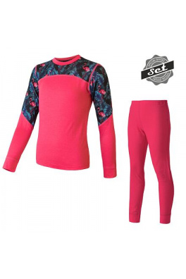 SENSOR MERINO IMPRESS SET dětský triko dl.rukáv + spodky magenta/floral velikost 150