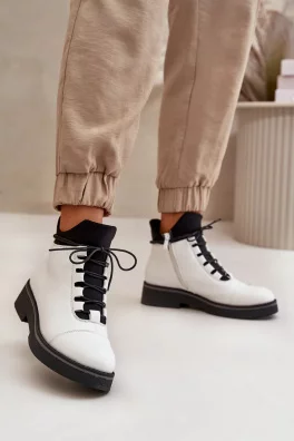 Botki Damskie Ocieplane Z Niską Cholewką Eko Skórzane Białe