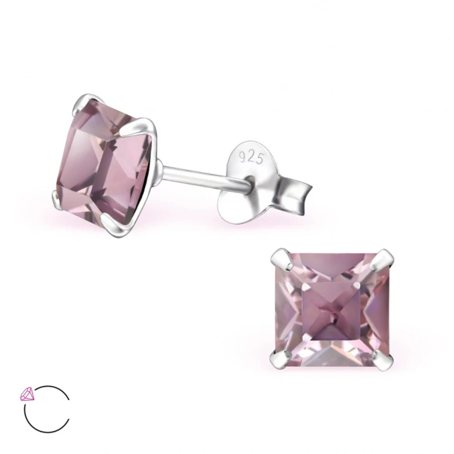 Stříbrné náušnice lila čtverec s kamenem Swarovski