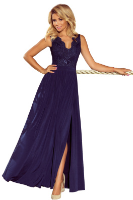 Dlouhé dámské šaty s vyšívaným výstřihem Numoco 215-2 - tmavě modrá