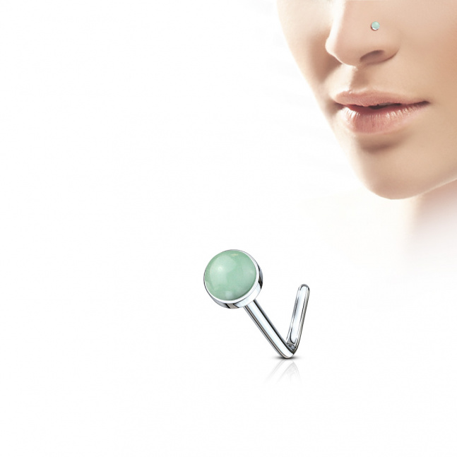 Zahnutý piercing do nosu s polodrahokamy - Jade green