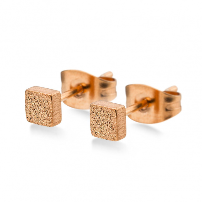 Náušnice z chirurgické oceli čtverečky s pískovaným povrchem 5 mm - růžové zlato