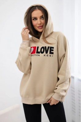 Insulated cotton sweatshirt with a hood Love light beige