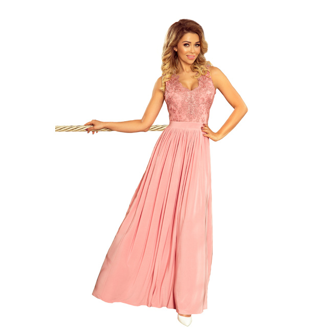 Dlouhé dámské šaty s vyšívaným výstřihem Numoco 215-3 - růžová