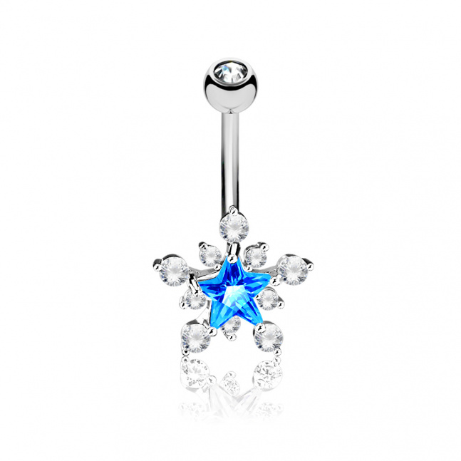 Rhodiovaný piercing do pupíku z oceli - modrá hvězda