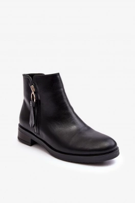 Skórzane Damskie Botki Płaskie Czarne Vasica