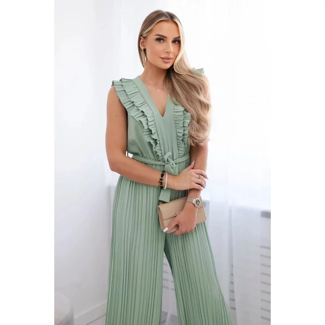 Pleated jumpsuit with frills dark mint