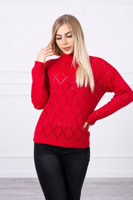 Sweter z wysokim dekoltem w romby czerwony