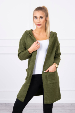 Gładki sweter z kapturem i kieszeniami khaki