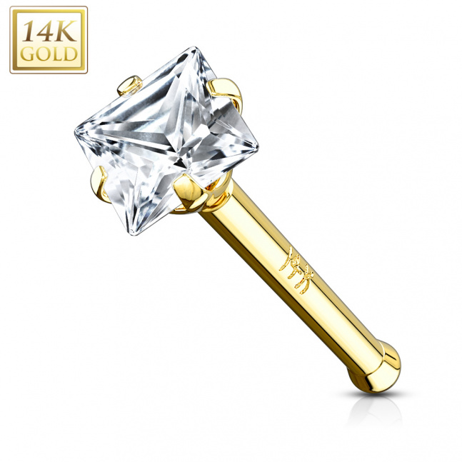 Luxusní piercing do nosu z pravého 14kt zlata - čtveratý zirkon 2x2 mm 