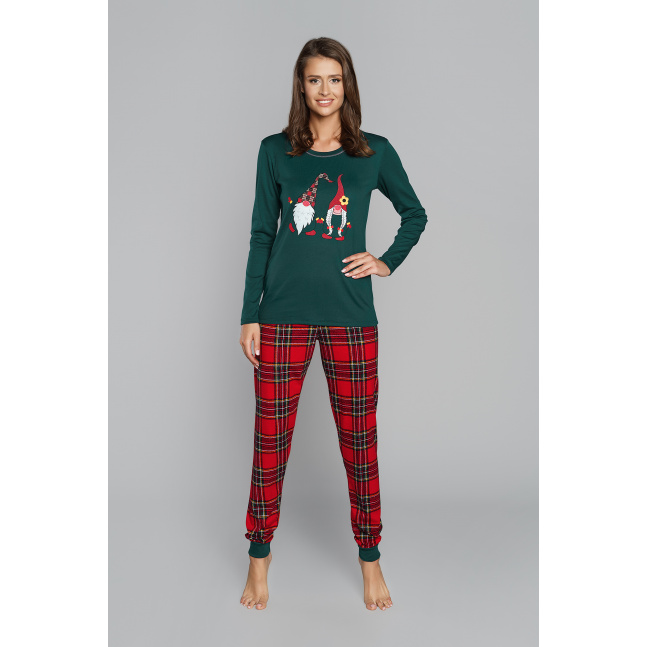 Santa piżama damska długi rękaw, długie spodnie - zielony/druk